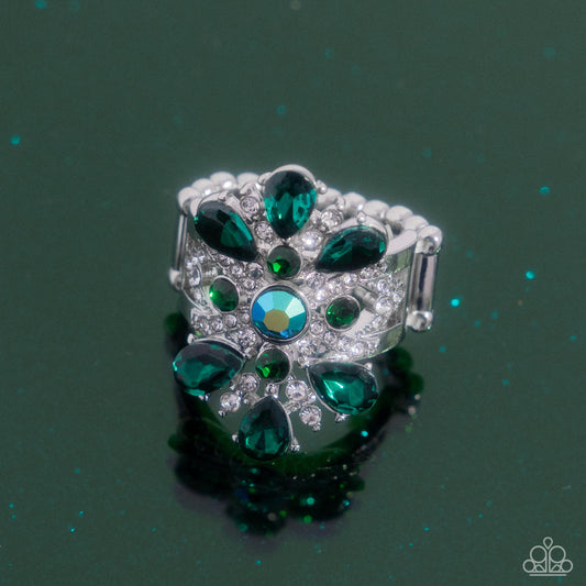 Pronged Panorama - Green Emerald Gem & Iridescent Rhinestone Floral Ring Paparazzi R1073