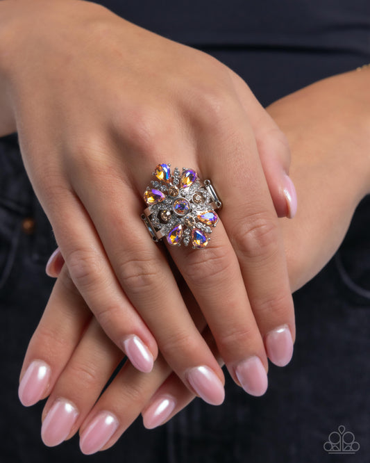 Pronged Panorama - Orange - UV Light Peach Gem & Iridescent Rhinestone Floral Ring Paparazzi R0956