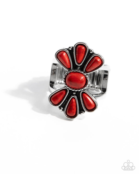 Wrangling Whimsy - Red Stone Antiqued Silver Frame Ring Santa Fe Style Paparazzi R1160