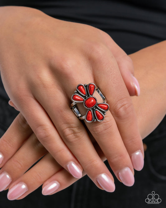 Wrangling Whimsy - Red Stone Antiqued Silver Frame Ring Santa Fe Style Paparazzi R1160
