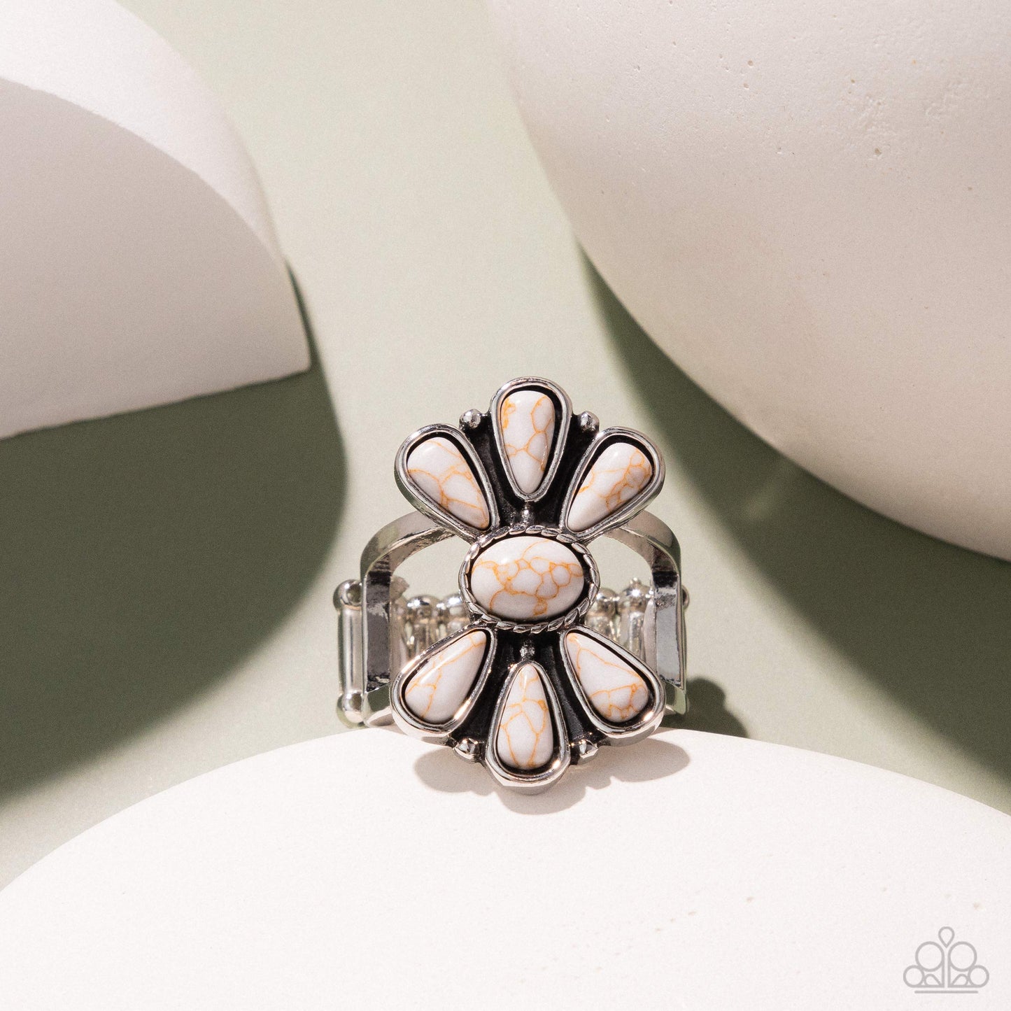 Paparazzi Wrangling Whimsy - White Stone Antiqued Silver Frame Santa Fe Style Ring R1314