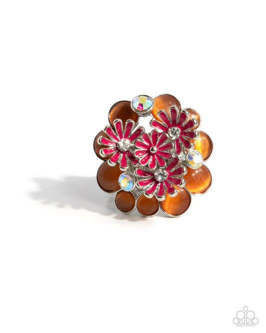 Boisterous Bouquet - Orange & Pink Flower Orange Cat's Eye Stone Statement Ring Paparazzi R0875