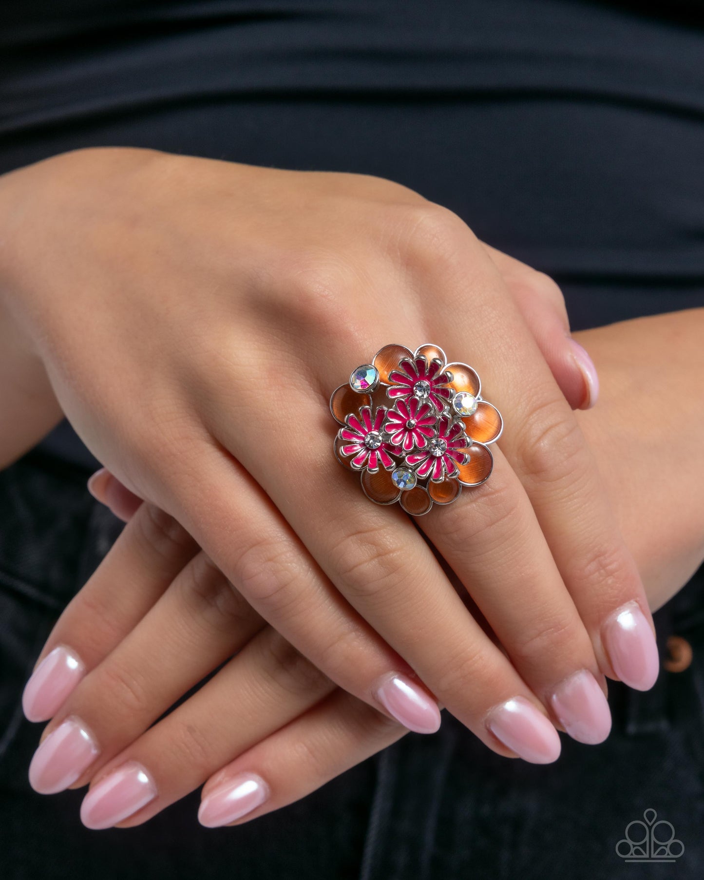 Boisterous Bouquet - Orange & Pink Flower Orange Cat's Eye Stone Statement Ring Paparazzi R0875