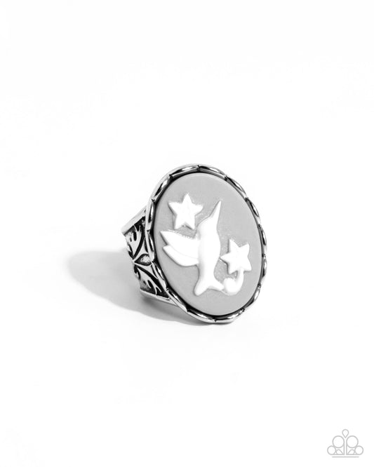 FOWL Language - Silver Vintage Style White Acrylic Hummingbird Ring Paparazzi R0843