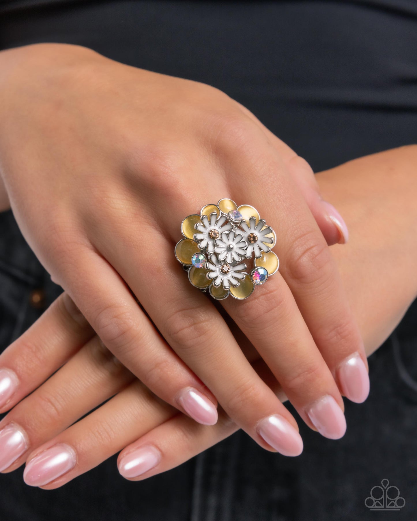 Boisterous Bouquet - Yellow Cat's Eye Stone & White Iridescent Rhinestone Daisy Flower Ring Paparazzi R0888