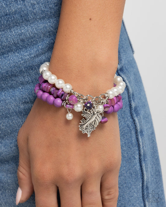 Canyonland Color - Purple Stone Bead, White Pearl, Bird, Leaf, Tree Charm Stretch Bracelet Paparazzi B1916