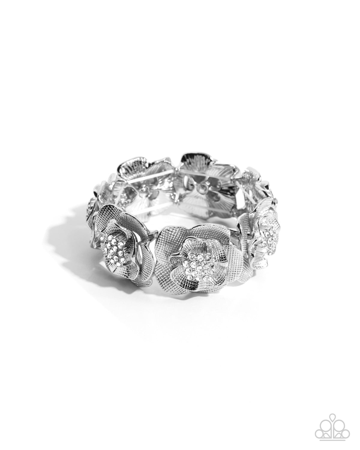 Paparazzi Floral Fare - White Rhinestone Silver Flower Stretch Bracelet