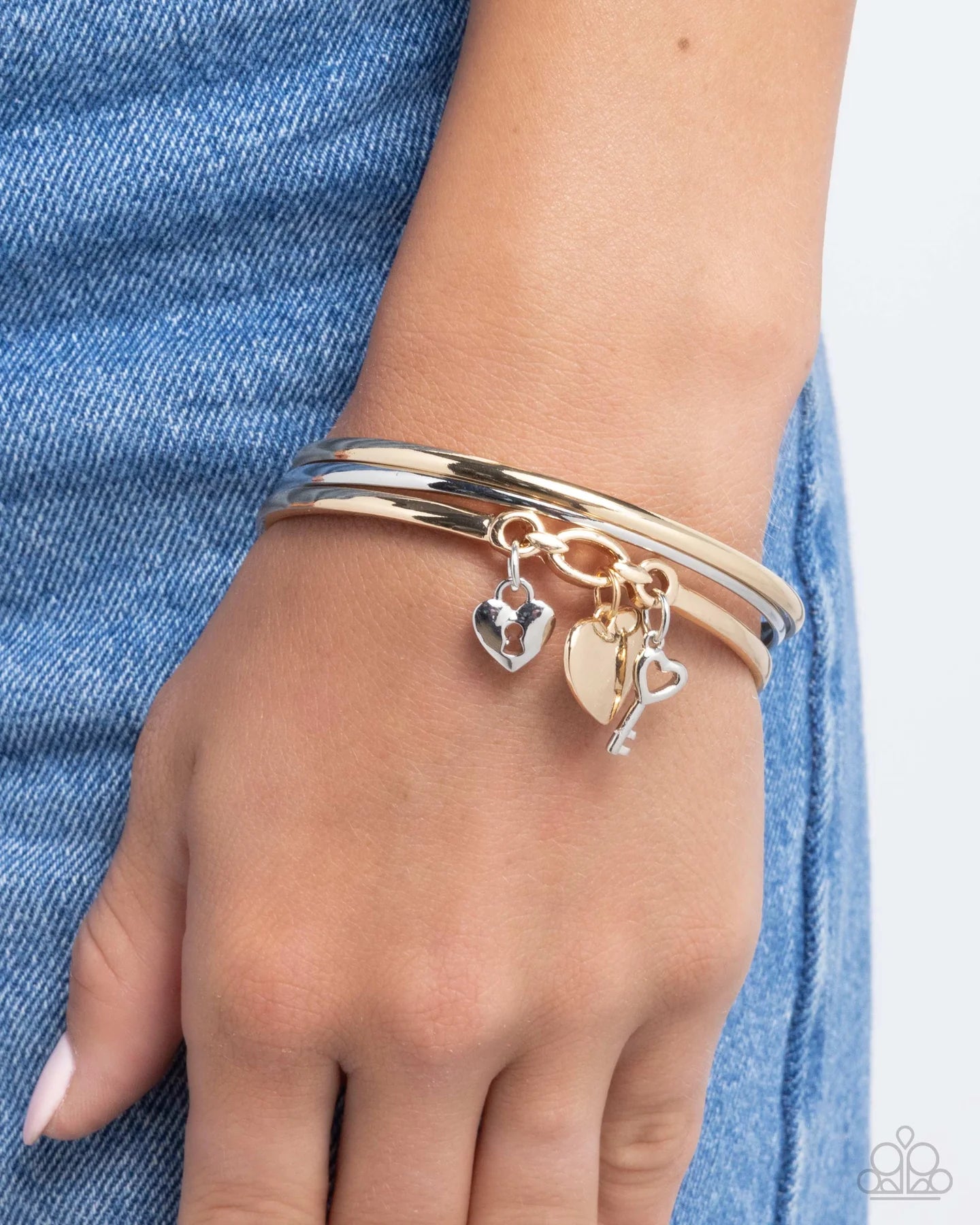 Paparazzi Sealed Sweetheart - Multi Silver Gold Heart Lock Key Charm Set Of 3 Bangle Bracelets B2571