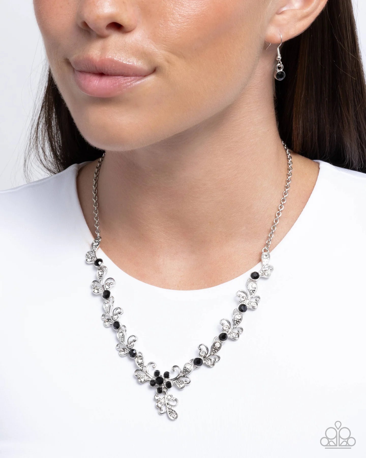 Paparazzi Refreshing Refinement - Black & White Rhinestone Silver Paisley Swirl Necklace N3456