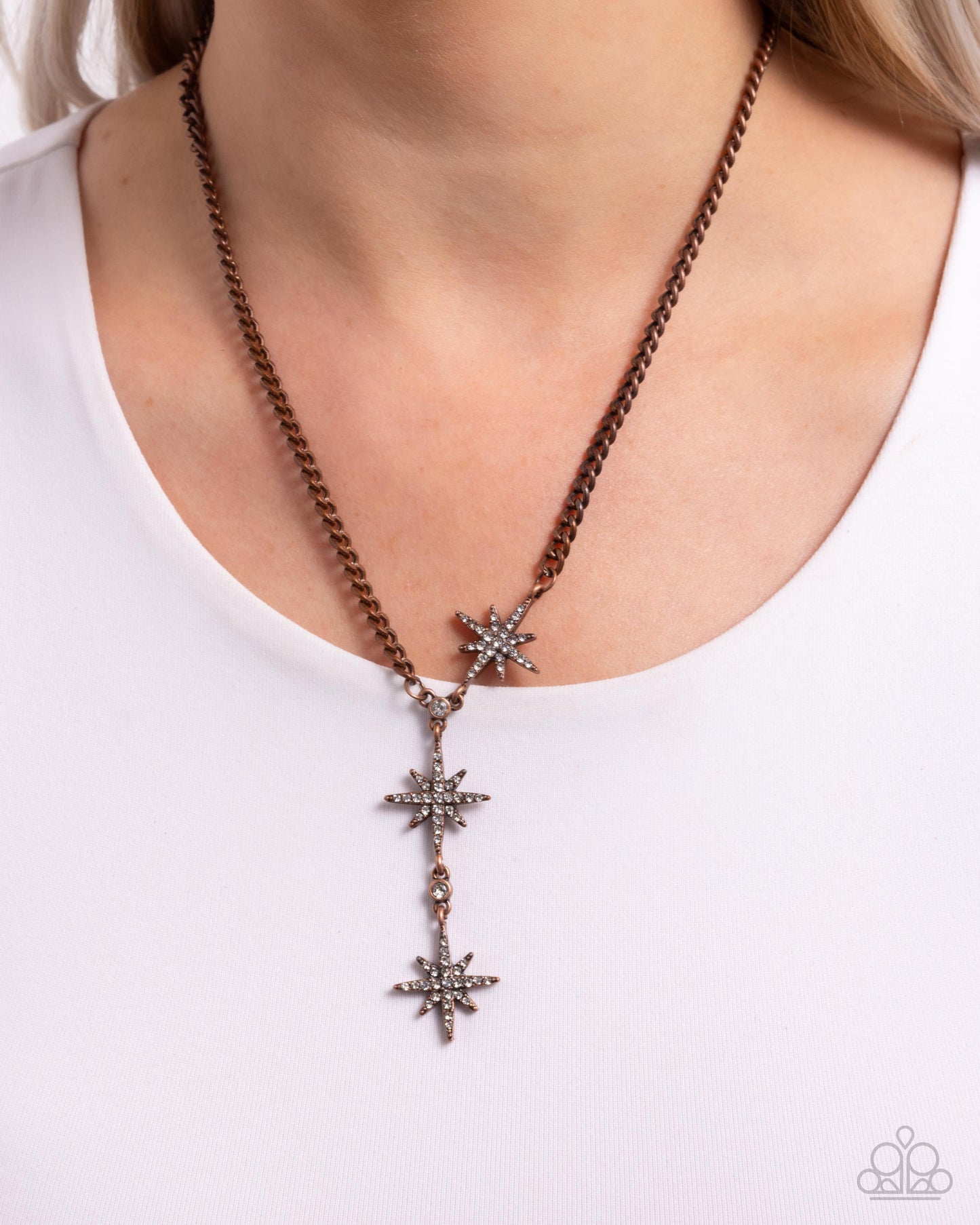 Stellar Story - Copper White Rhinestone Star Y Shaped Necklace Paparazzi N3199