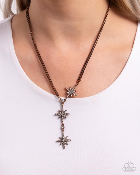 Stellar Story - Copper White Rhinestone Star Y Shaped Necklace Paparazzi N3199