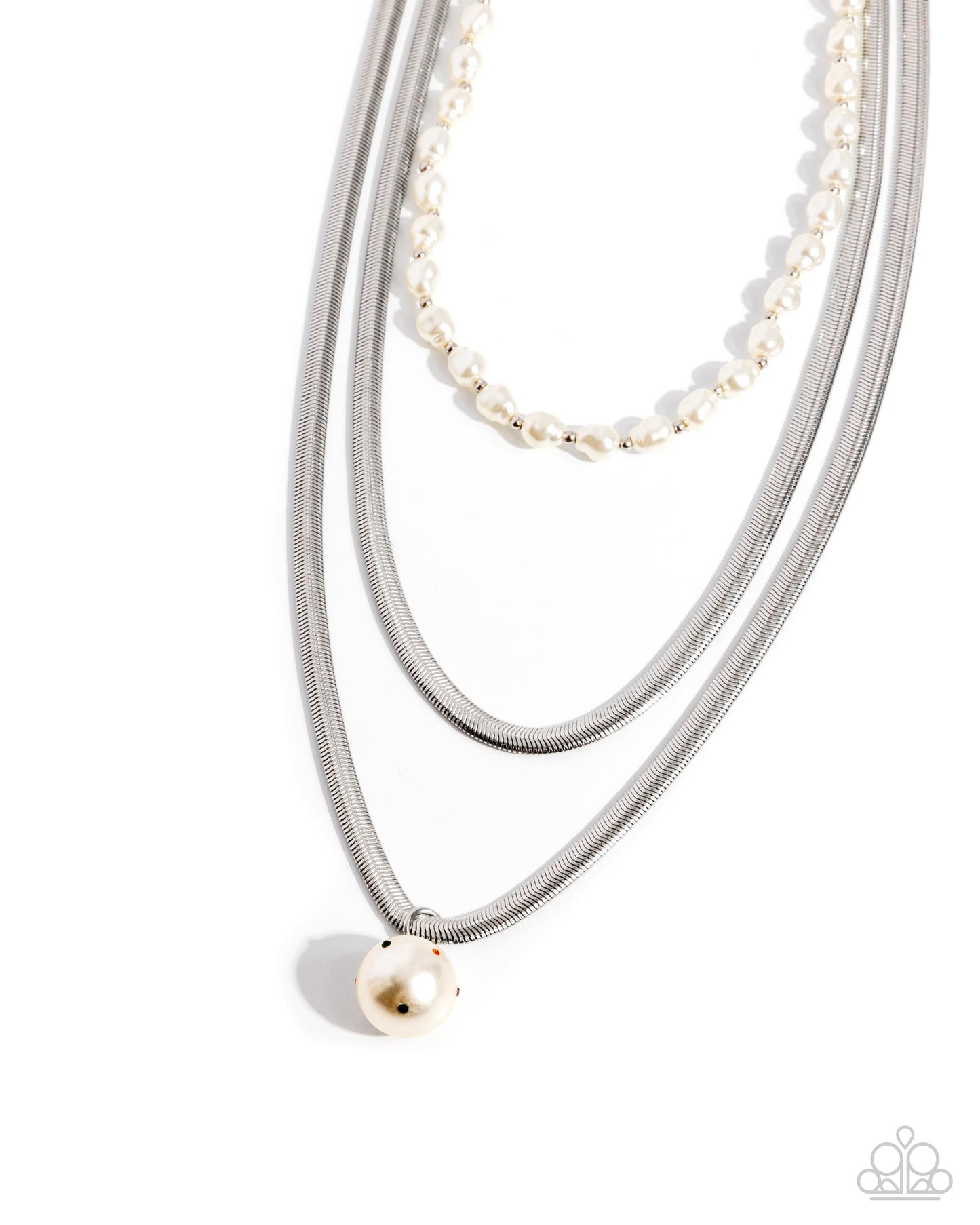 Flourishing Finale - Multi White Pearl, Silver Snake Chains Layered Necklace Paparazzi N3384