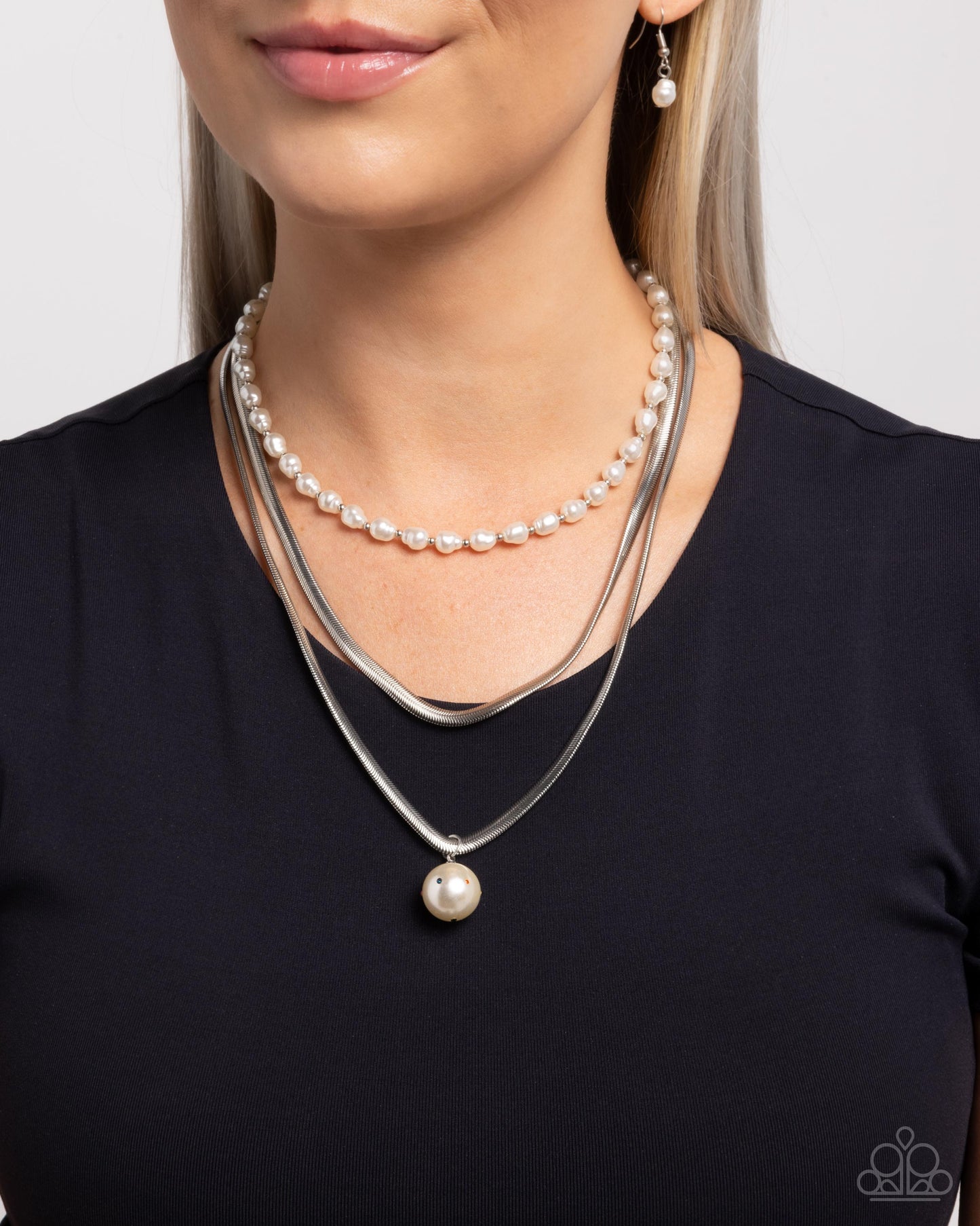 Flourishing Finale - Multi White Pearl, Silver Snake Chains Layered Necklace Paparazzi N3384