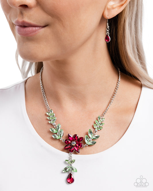 Bouquet Backdrop - Pink & Green Rhinestone Flower Necklace Paparazzi N2770