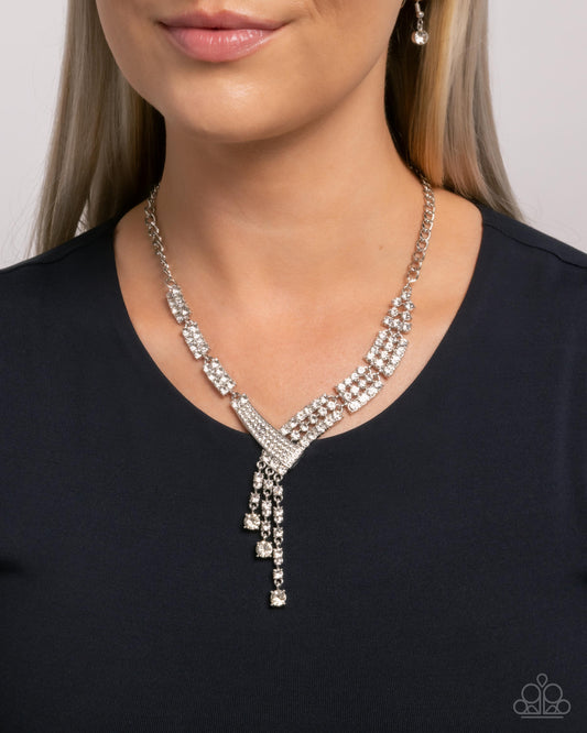 Paparazzi Diagonal Dazzle - White Rhinestone Curved Necklace