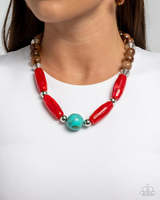 Sneaky Swirls - Multi Turquoise Stone, Red Swirled Bead, Brown Raw Umber Bead Silver Necklace Paparazzi N3655