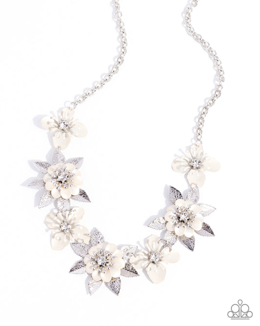 Springtime Song - White Rhinestone & Pearlescent Painted Flower Necklace Paparazzi N2845