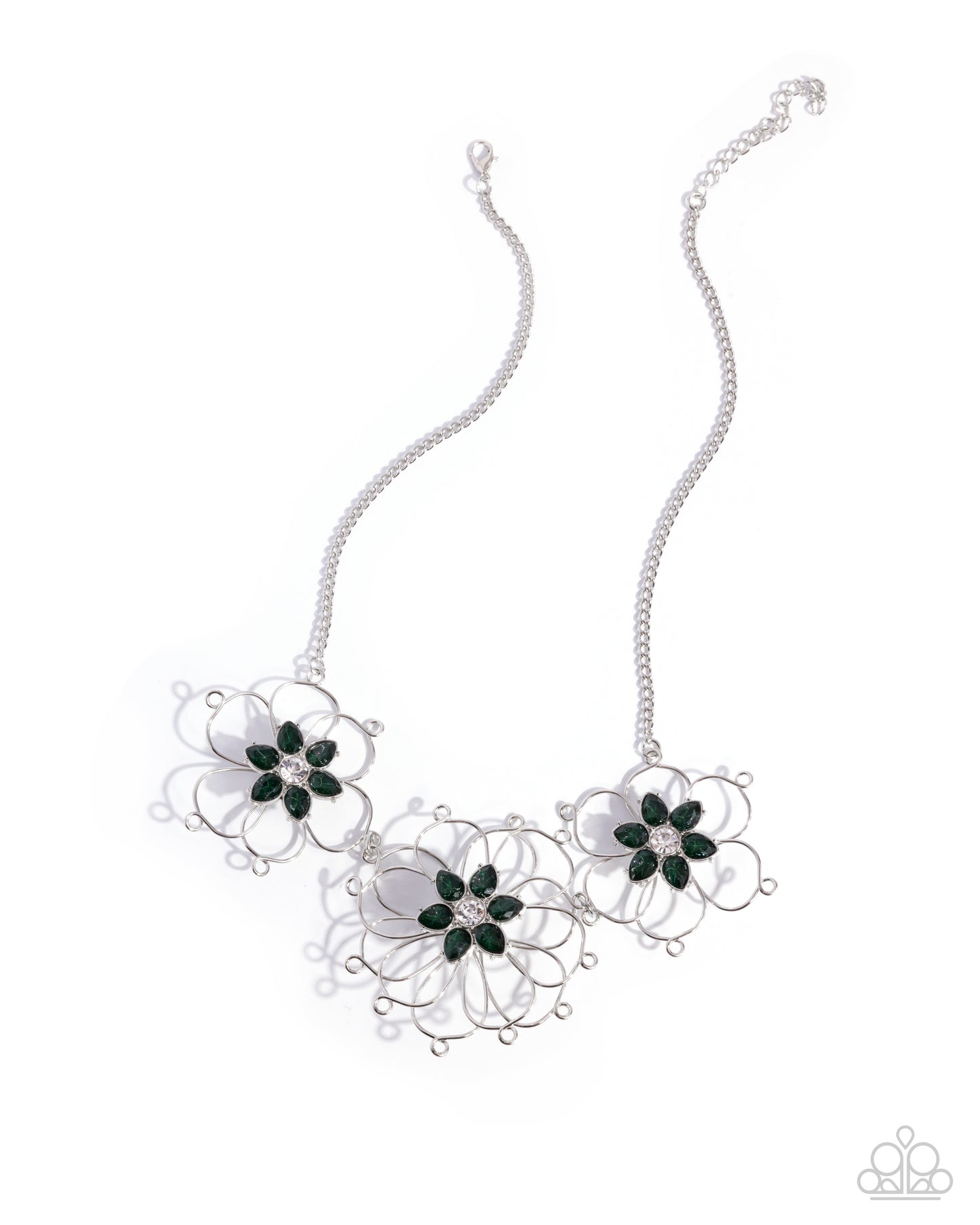 Paparazzi Wiry Welcome - Green Emerald & Silver Wire Flower Necklace