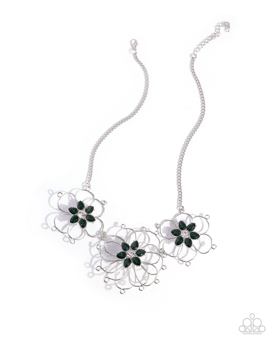 Paparazzi Wiry Welcome - Green Emerald & Silver Wire Flower Necklace