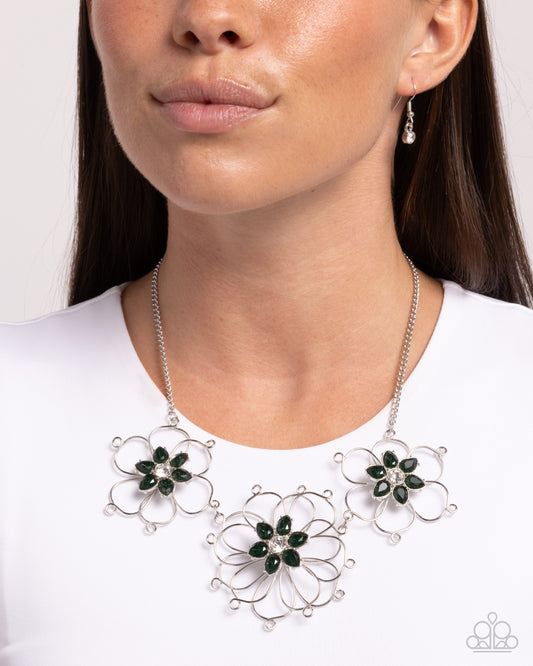 Paparazzi Wiry Welcome - Green Emerald & Silver Wire Flower Necklace
