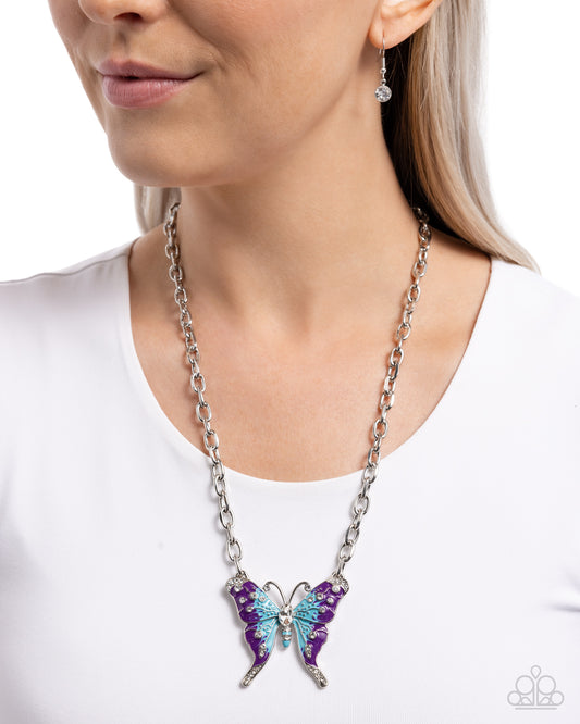 Soft Landing - Multi Blue, Purple Painted Silver Butterfly Necklace Paparazzi N3112