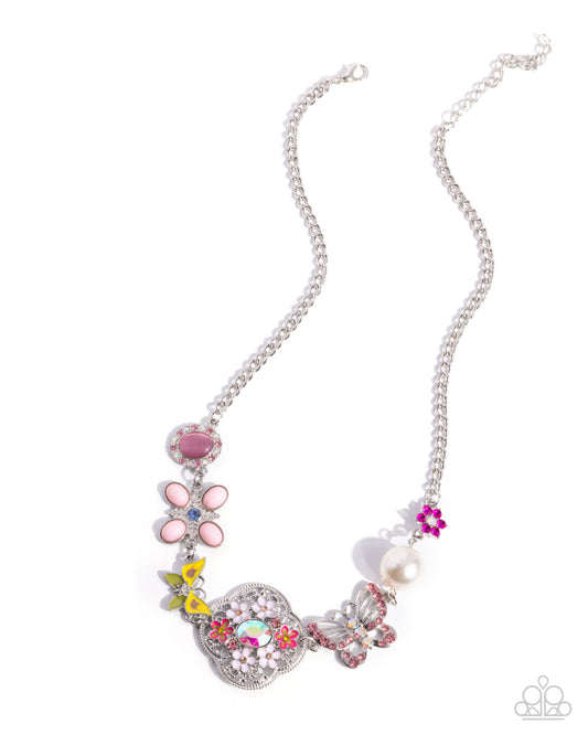 Paparazzi Widespread Whimsy - Pink Cat's Eye, Light Rose, Pink Iridescent Rhinestone Floral Necklace N4049