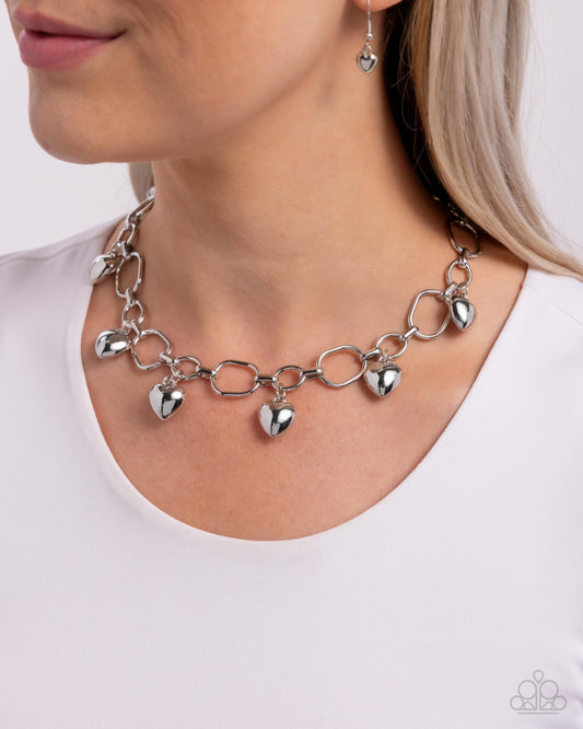 Hey Lover - Silver Figaro Chain & Heart Necklace Paparazzi N2981