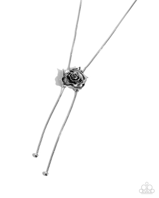 Threaded Tapestry - Silver Rose Flower Bolo Style Necklace Paparazzi N3471