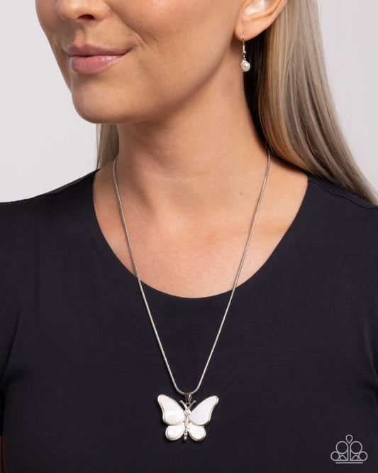 Paparazzi Model Metamorphosis - White Pearl Shell Silver Butterfly Necklace