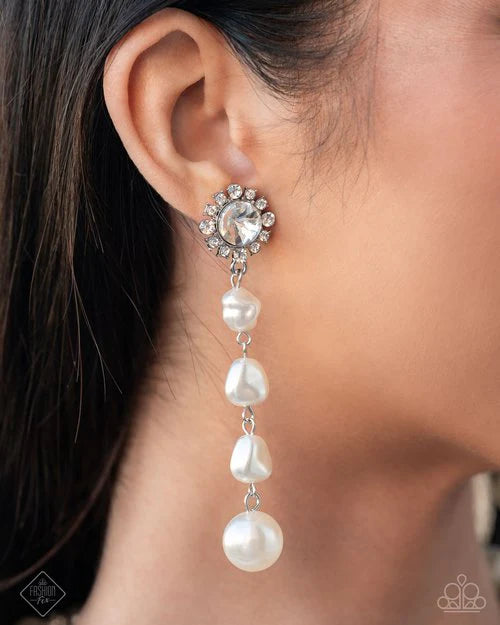 Paparazzi Modish Motif - White Pearl Rhinestone Silver Post Earrings Fiercely 5th Avenue Fashion Fix November 2024 E3260