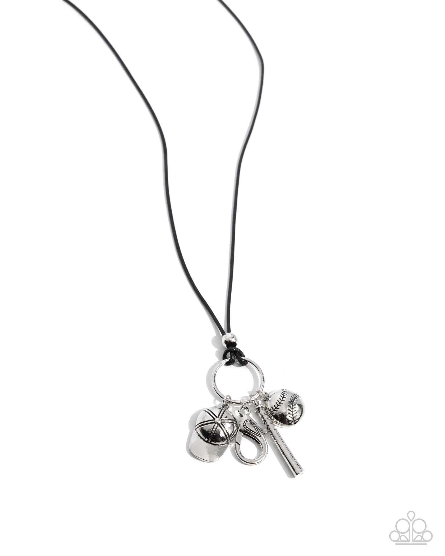 Up to Bat - Black Cord Silver Baseball Charm Ball, Bat, Cap Lanyard Necklace Paparazzi N3547
