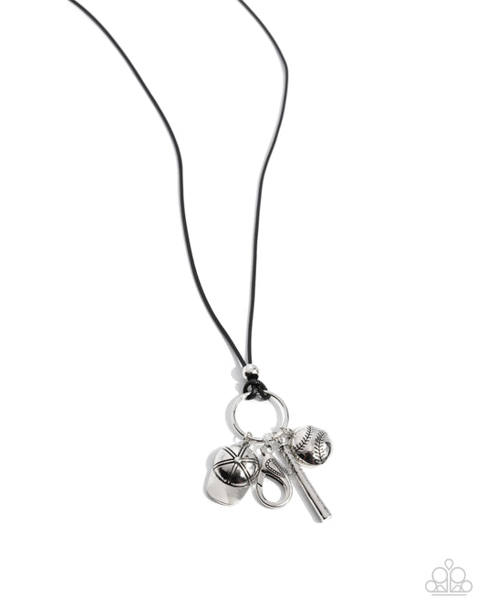 Up to Bat - Black Cord Silver Baseball Charm Ball, Bat, Cap Lanyard Necklace Paparazzi N3547