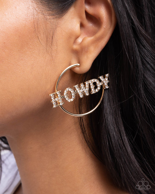 Howdy Hoedown - Gold White Rhinestone Western "HOWDY" Santa Fe Style 2 Inch Hoop Earring Paparazzi E2687