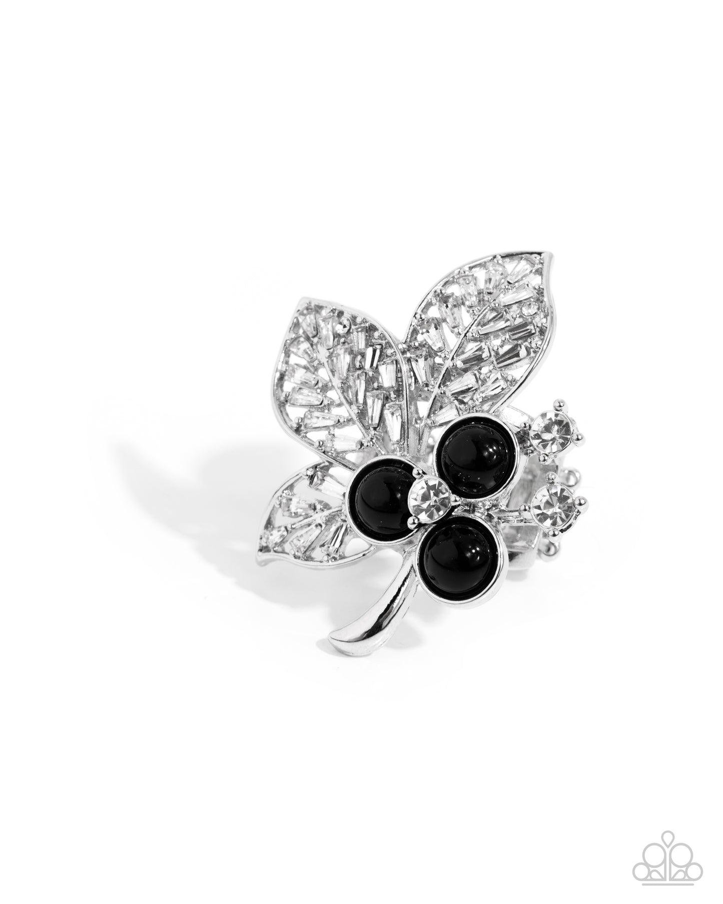 Luminescent Leaves - Black Bead Silver Filigree Leaf Statement Ring Paparazzi R0961