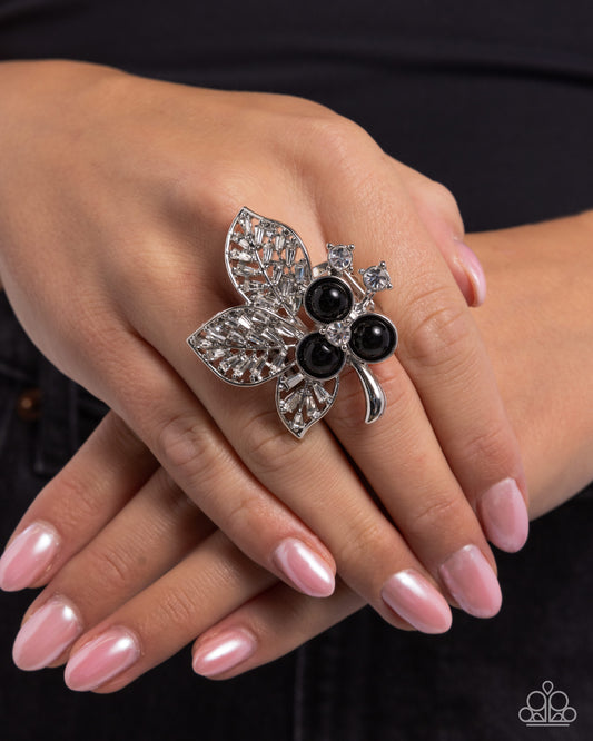 Luminescent Leaves - Black Bead Silver Filigree Leaf Statement Ring Paparazzi R0961