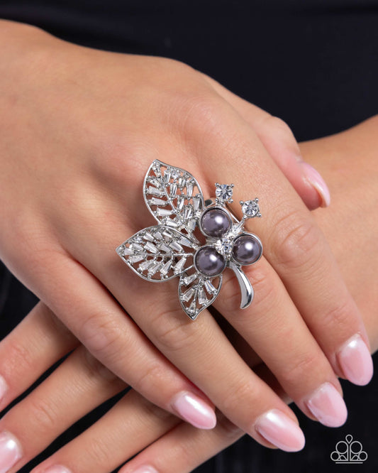 Luminescent Leaves - Silver Filigree Leaf Rhinestone & Gray Pearl Statement Ring Paparazzi R0876