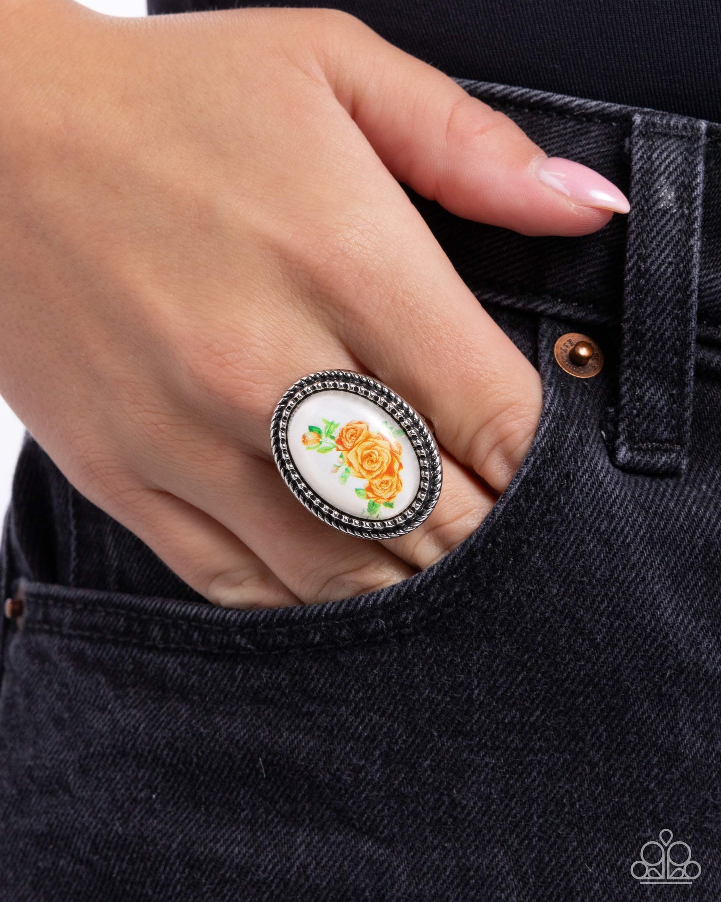 Handmade Heaven - Orange Roses On White Painted Frame Ring Paparazzi R0788