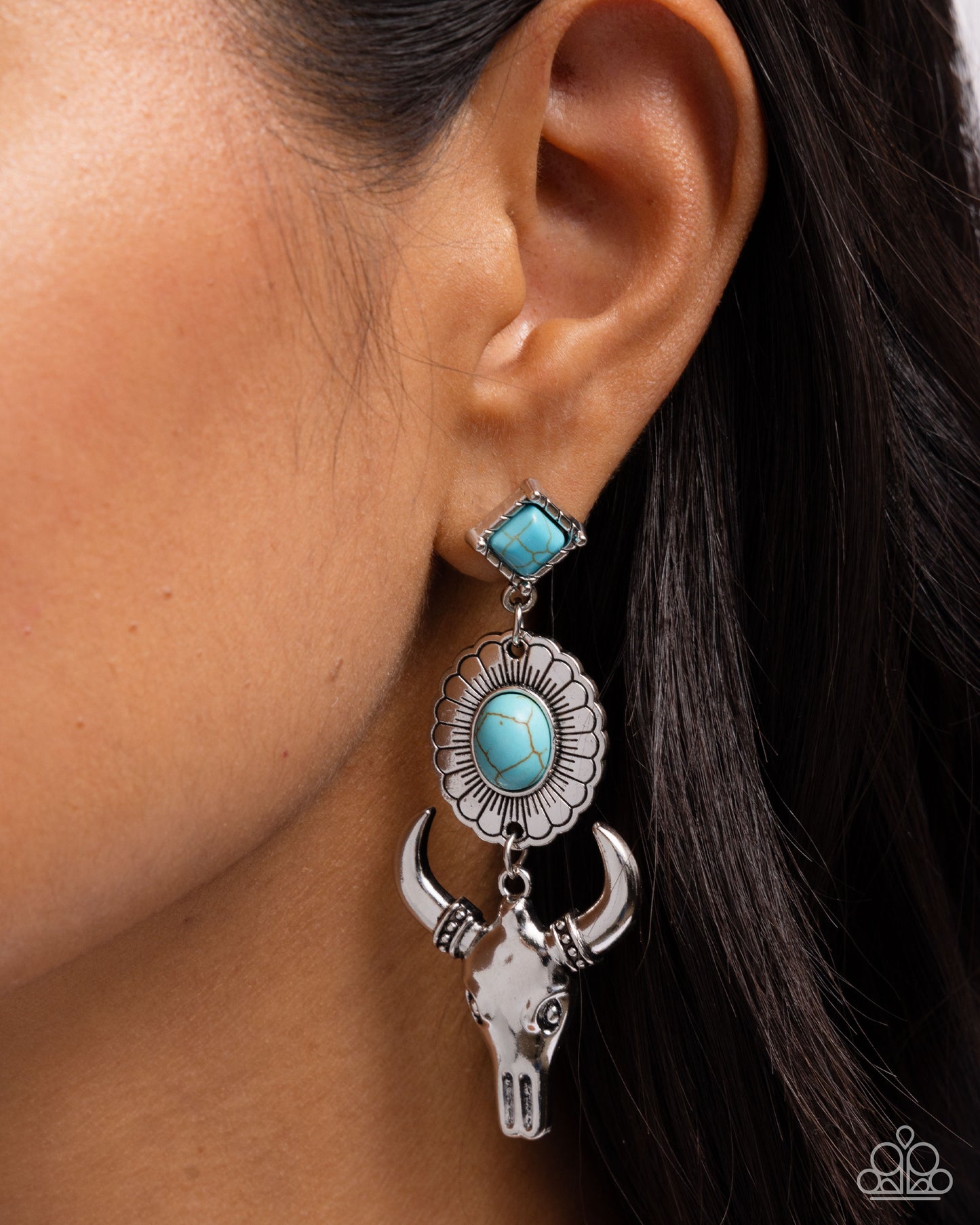 Western Week - Blue Turquoise Silver Longhorn Earring Santa Fe Style Paparazzi E2609
