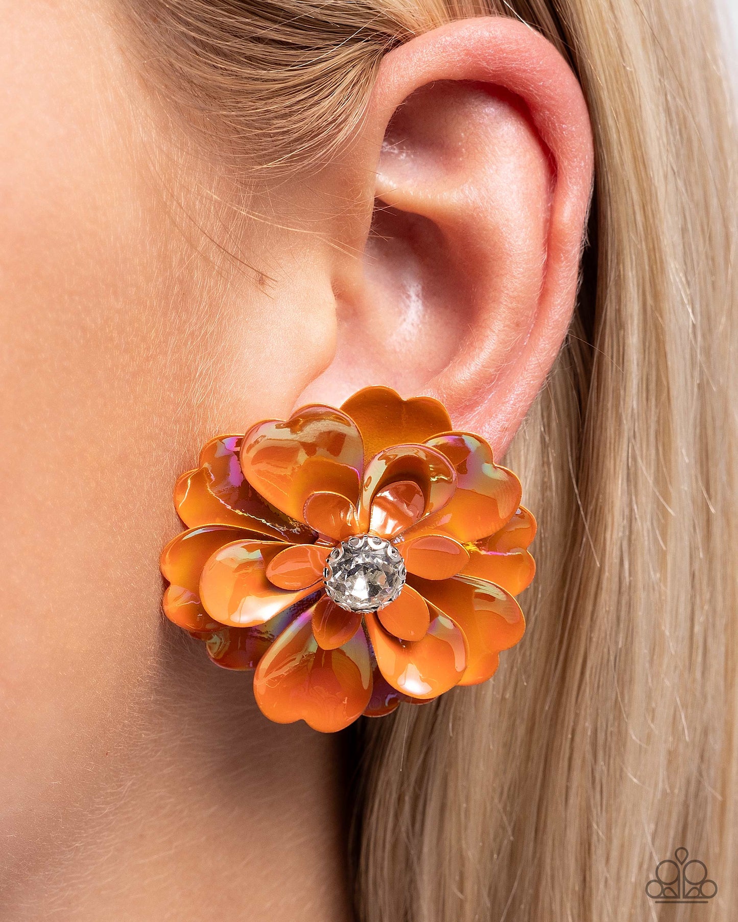 Growth Rate - Orange UV Shimmery Tinted Metallic Flower Post Earring Paparazzi E1992