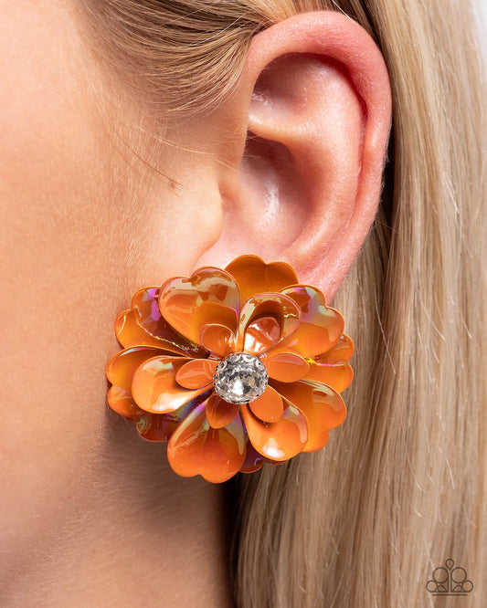 Growth Rate - Orange UV Shimmery Tinted Metallic Flower Post Earring Paparazzi E1992