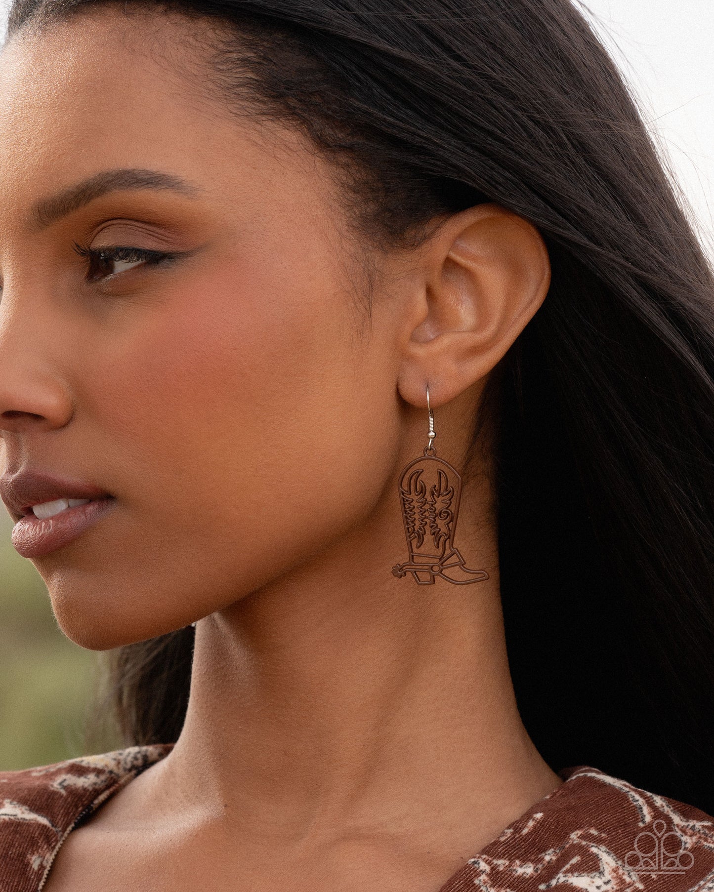 Given the Boot - Brown Cowboy Boot Western Santa Fe Style Earring Paparazzi E2644