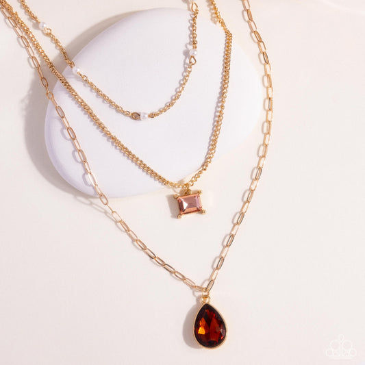Giddy Glitter - Brown Tea Gem Layered Gold Necklace Paparazzi N2777