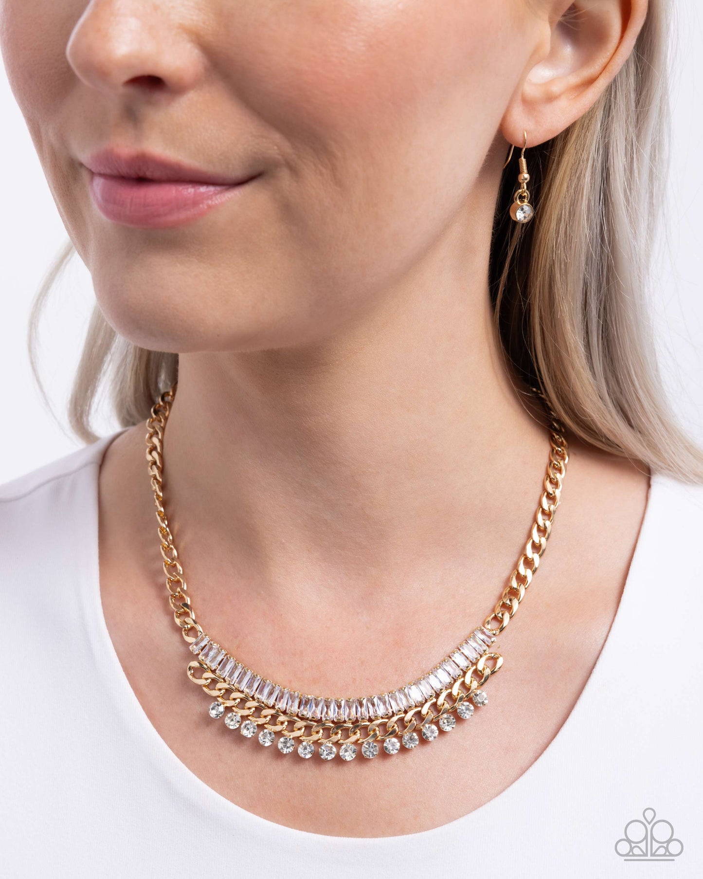 Badda Boom Badda BLING - Gold Curb Chain, White Gem & Rhinestone Necklace Paparazzi N3261