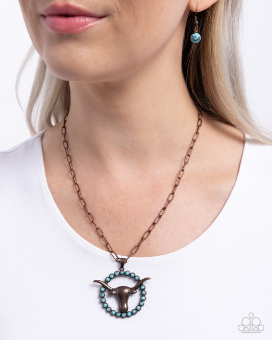 Longhorn Lasso - Copper Longhorn Skull Turquoise Stone Santa Fe Style Necklace Paparazzi