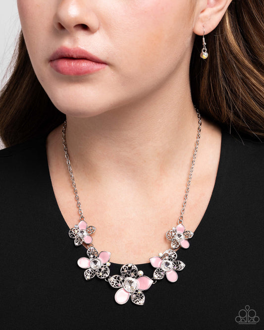 April Showers Bring Flowers - Pink - Baby Pink Painted, White Gem & Iridescent Rhinestone Flower Necklace Paparazzi N3077