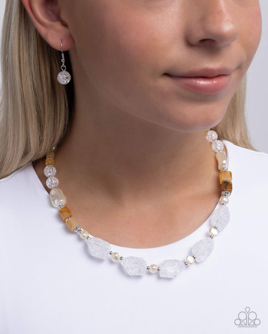Crackling Chic - White, Amber & Baroque Pearl Bead Necklace Paparazzi N3219