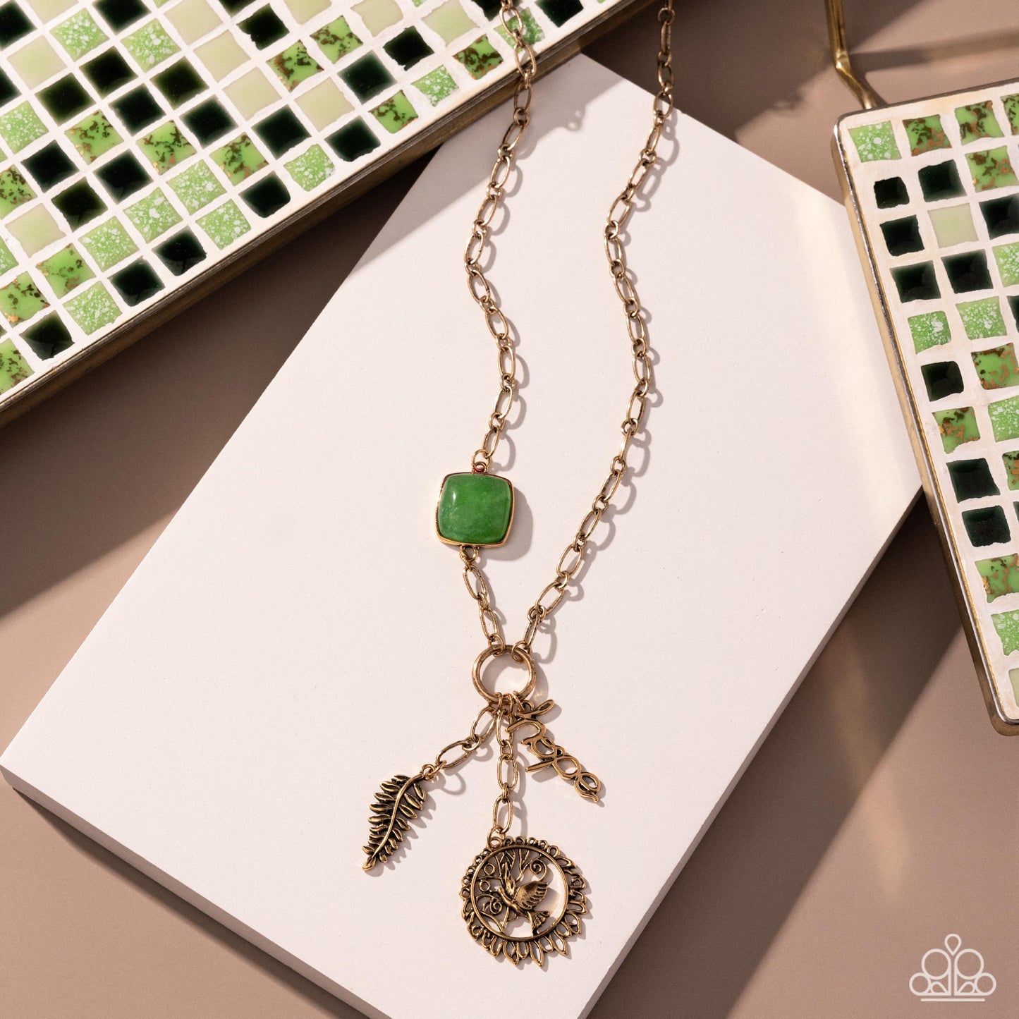 Hopeful Heights - Green Jade Stone & Gold Paperclip Chain Necklace Paparazzi N3179