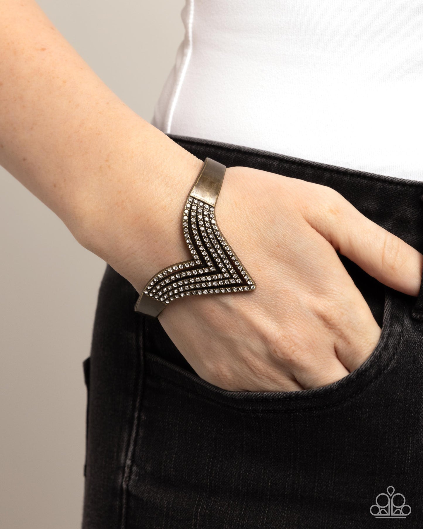 Pressure Point - Brass & White Rhinestone V Shaped Cuff Bracelet Paparazzi B2284