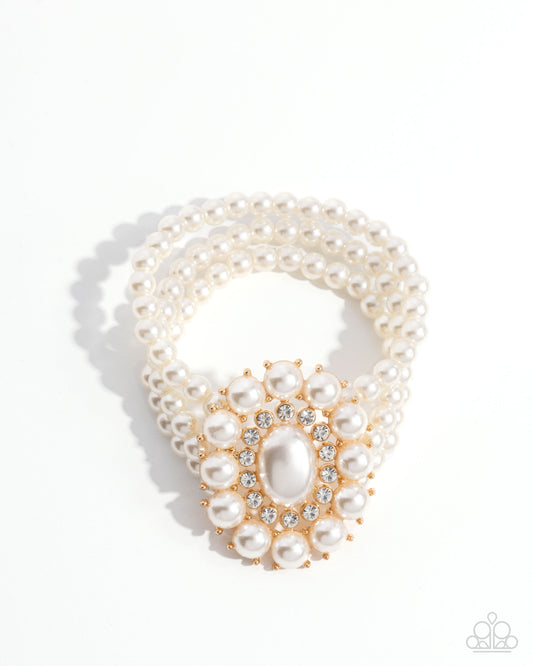 Take A Fancy To - Gold Framed White Pearl Stretch Bracelet Paparazzi B2235
