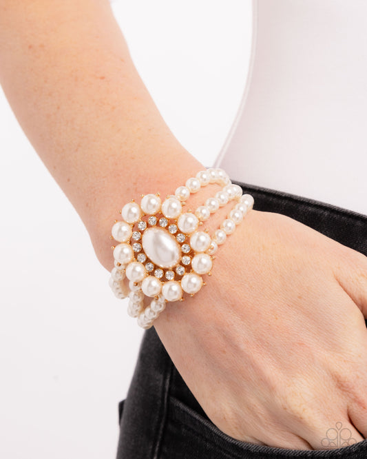 Take A Fancy To - Gold Framed White Pearl Stretch Bracelet Paparazzi B2235